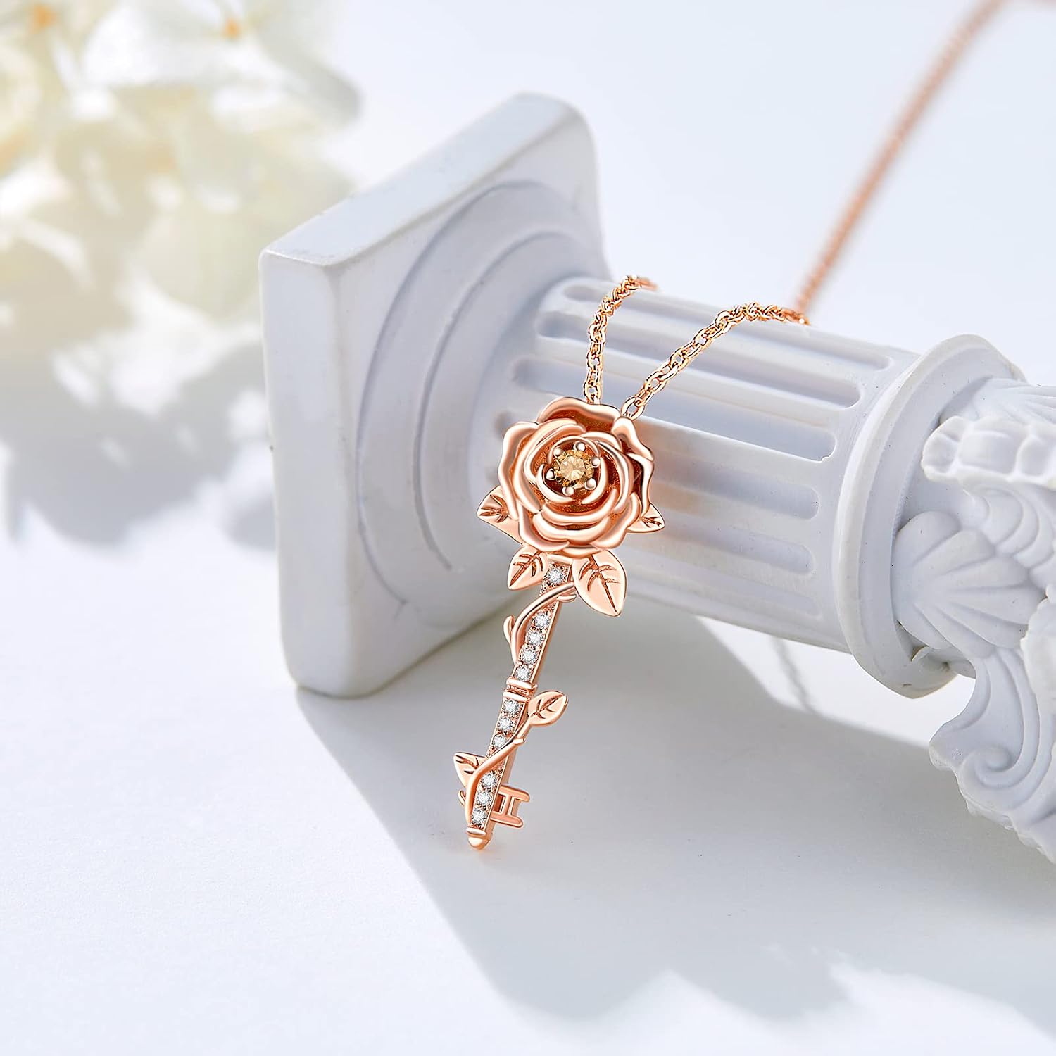 TANGPOET Flower Key Pendant Necklace 925 Sterling Silver Jewelry Gifts for Women Wife Girlfriend Birthday Christmas Anniversary Valentines Mothers Day