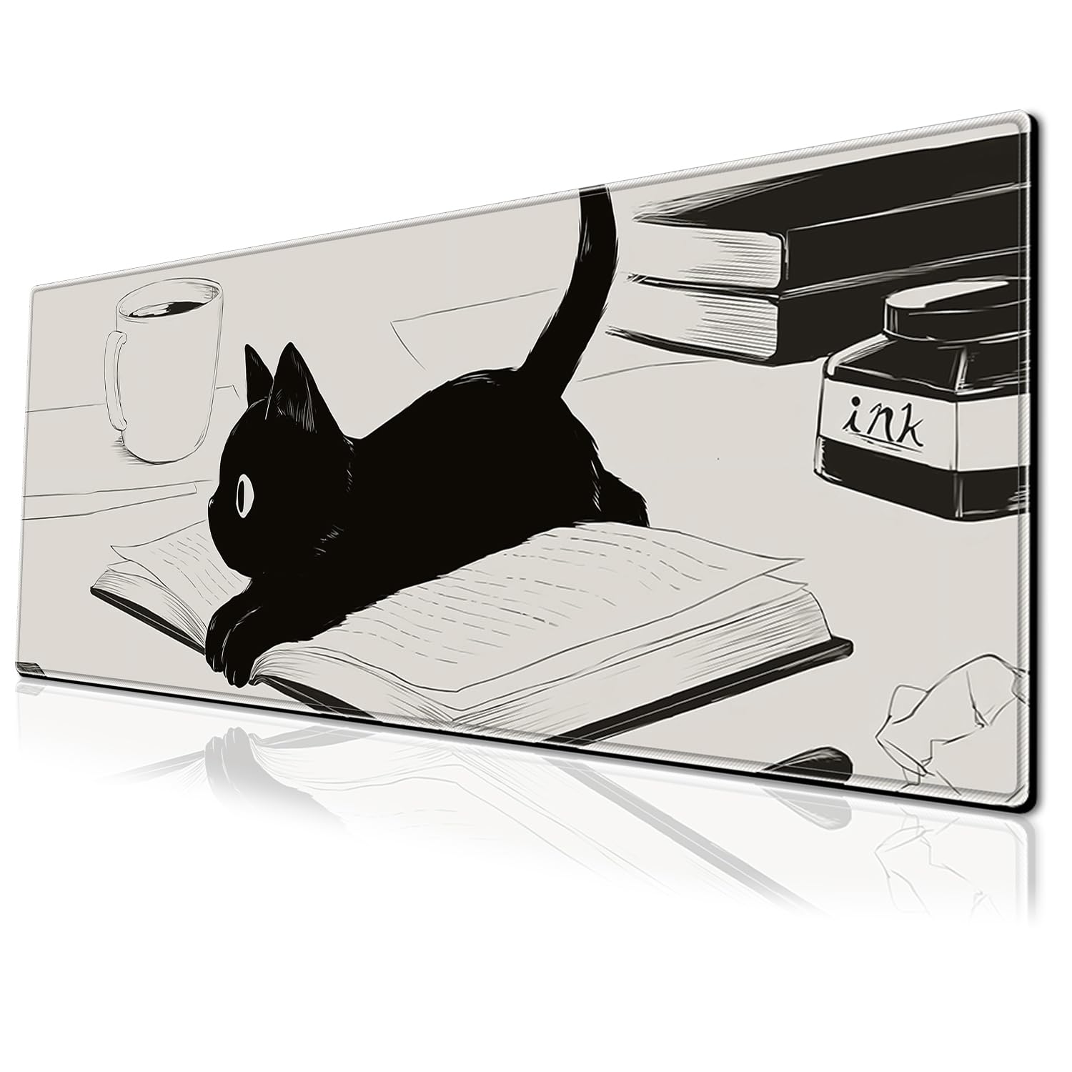 Cute Anime Black Cat Gaming Mouse Pad Large Cartoon Desk Mat, 31.5x11.8 Inch Mousepad Extended Non-Slip Rubber Base Keyboard Mat with Stitched Edges