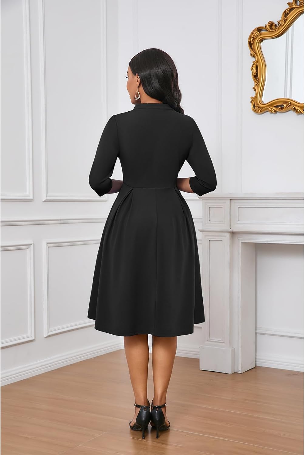 Max2co Midi Dresses for Women Semi Formal Fit and Flare A-Line Swing Dress 3/4 Sleeve Church Cocktail Dress with Pockets - Image 6