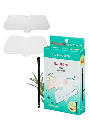 BRING GREEN Tea Tree - Tira de poros de cica (paquete de 3) con 6 hisopos de algodón comprimido, limpieza profunda de poros y eliminación de puntos