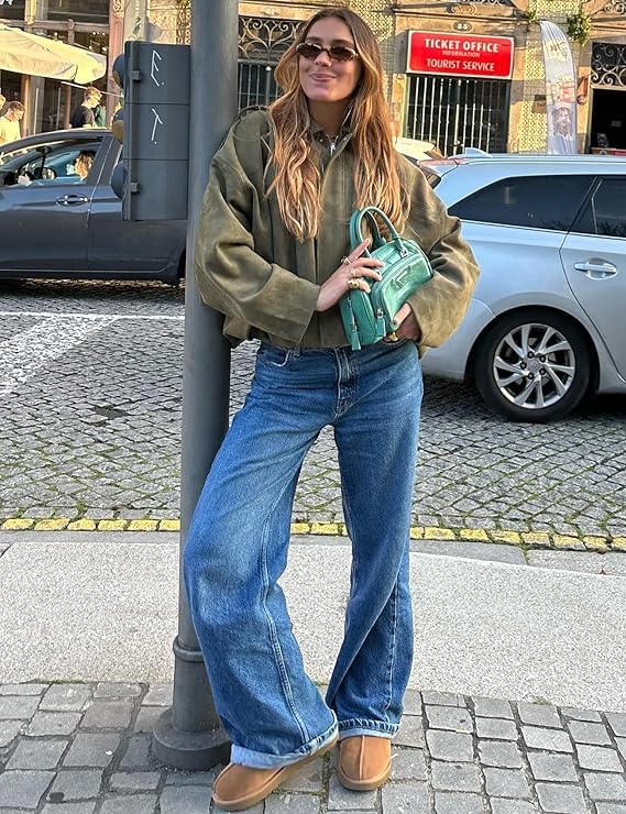 Womens Faux Suede Bomber Jacket Lapel Long Sleeve Motorcycle Cropped Coat Casual Oversized Coat Streetwear4