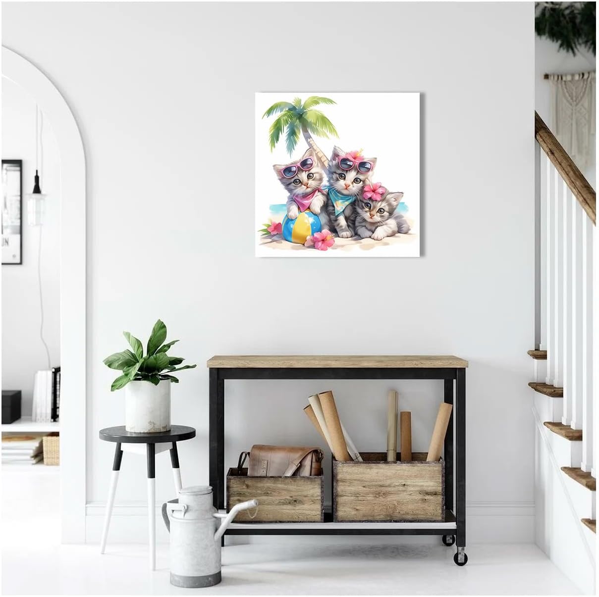 Ypxzzj Cute Kittens in Summer Vacation Canvas Wall Art, Three Kittens Under a Coconut Tree Printing Picture Cute Animal Cats with Glasses for Living Room Bathroom Framed Ready to Hang(20''x 20'')