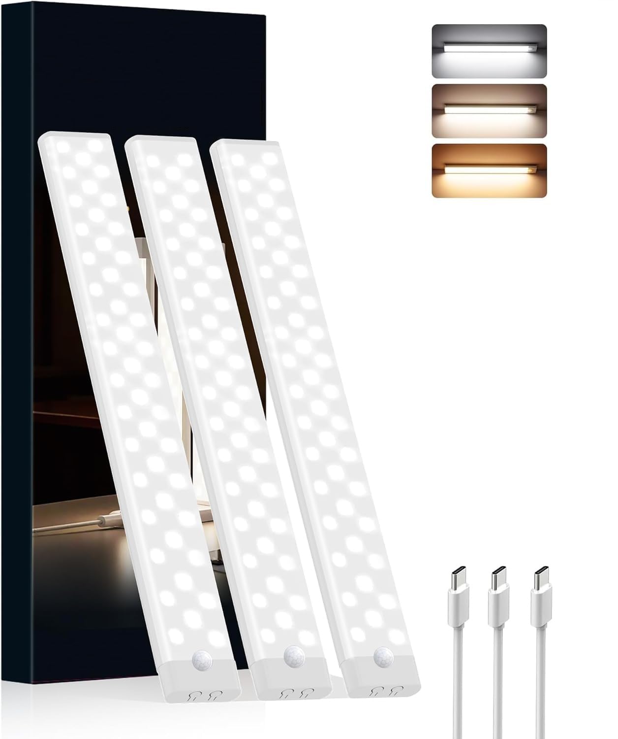 Photo 1 of Rihvy Under Cabinet Lighting Wireless, 3 Packs Rechargeable Motion Sensor Light Indoor Disassembled, 3 Color Temps Closet Light Stick on, 8 Inches Under Counter Lights for Kitchen, Wardrobe, Bedroom