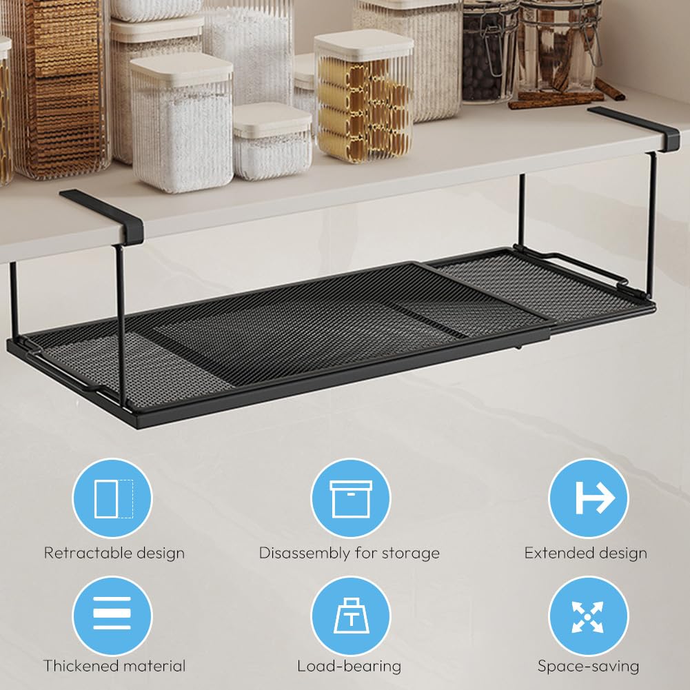 Panier De Rangement Suspendu Sous étagère, Panier Métallique Polyvalent Tout En Métal, Panier Coulissant Sous étagère Pour la Cuisine(Blanc moyen