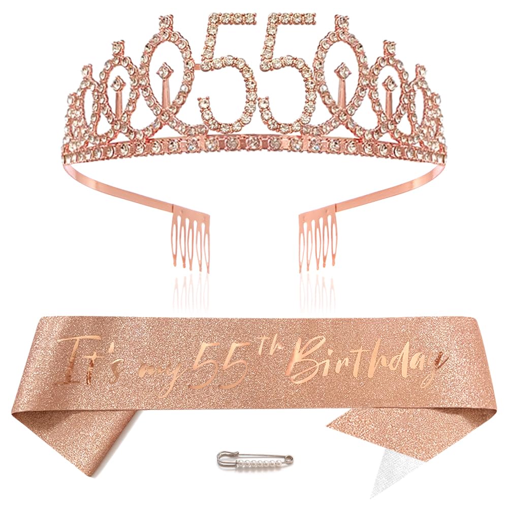 Roségold 55th Geburtstags Krone und Schärpe Mädchen 55. Geburtstag Deko Strass Geburtstag Tiara Prinzessin Krone Queen Tiara Geburtstagsschärpe Girls 55 Geburtstag Dekoration Party Kleidung Zubehör