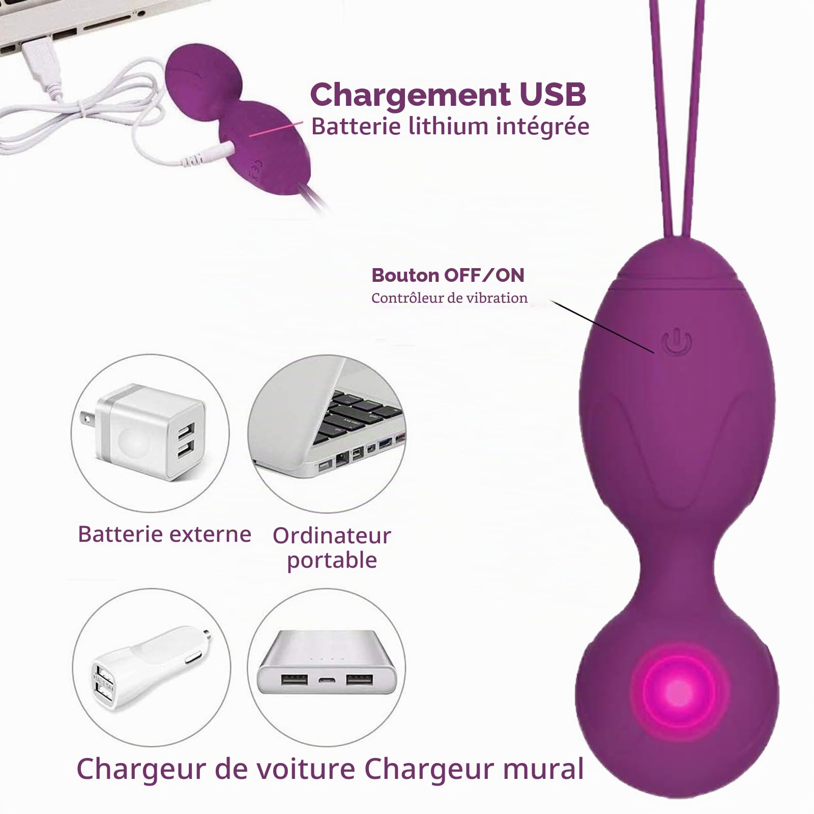 Boules de Geisha - Boules d'entraînement du plancher pelvien pour femme - Kit d'entraînement en silicone médical pour le contrôle de la vessie et les exercices du plancher pelvien - 4 balles violettes