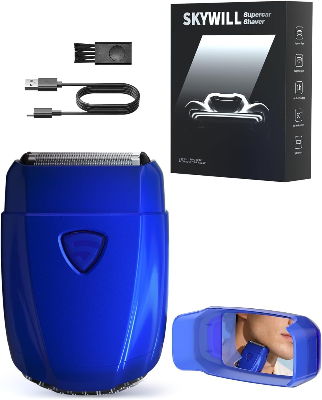 SKYWILL Electric Foil Shaver for Men, Magnetic Floating Blades, Built-in Mirror Cap, 8000RPM Motor, USB-C Rechargeable, Long Runtime, Waterproof Wet & Dry Shaver, Portable Travel Razor (Navy Blue)