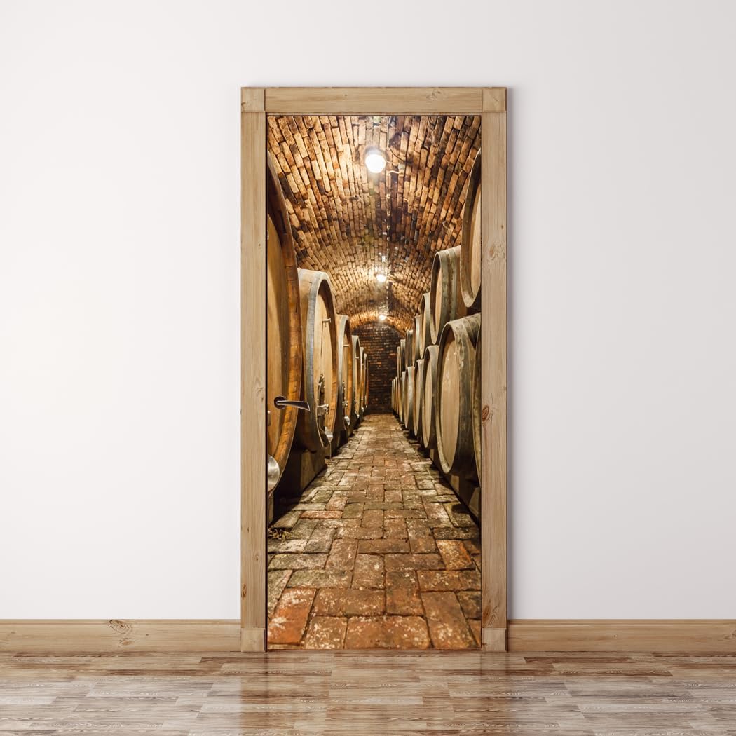 RoyalWallSkins Door Mural Wall Sticker Oak Barrels in Wine Cellar - Fabric Material Self Adhesive Peel & Stick Door Wrap (36 x 80)