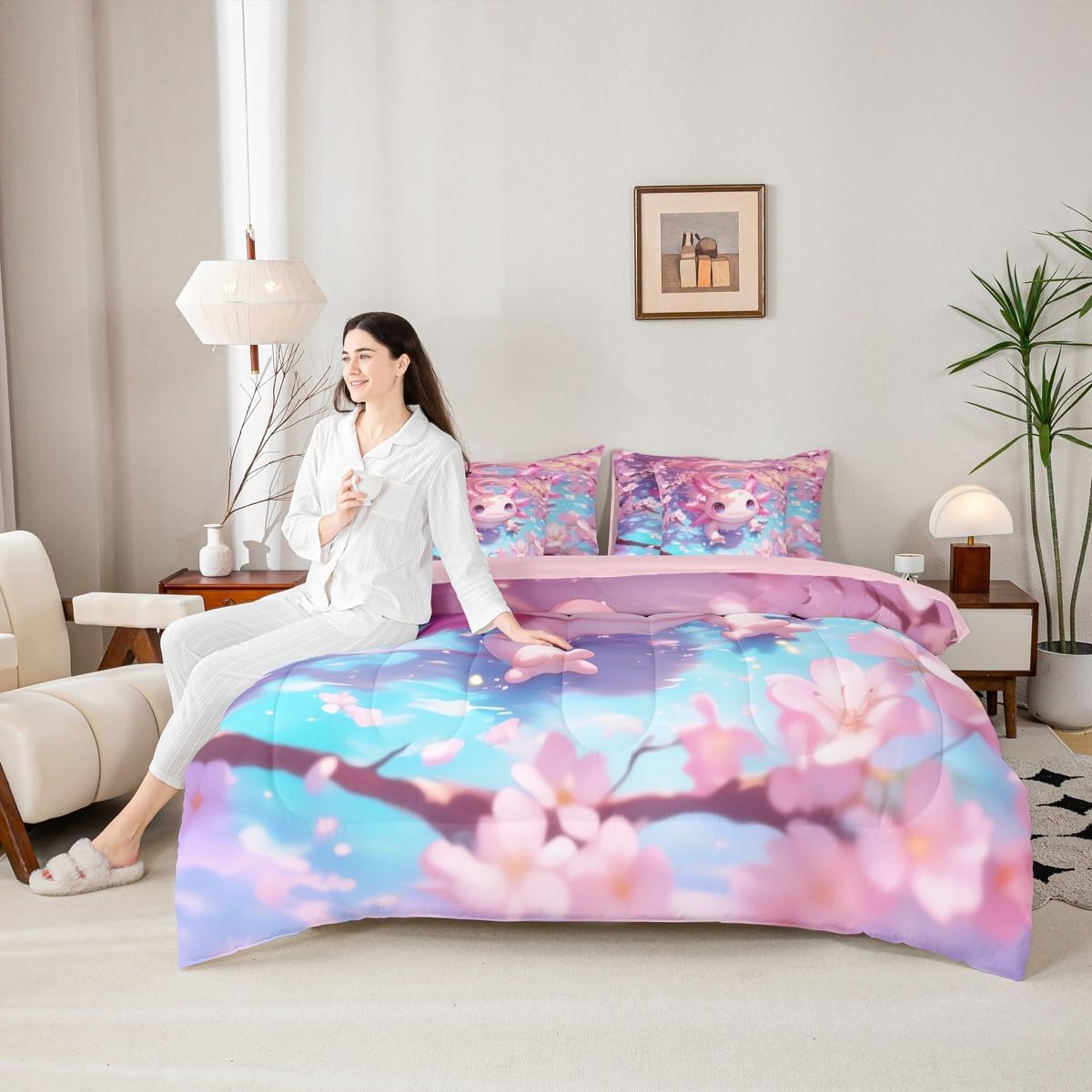 Axolotl Bed in a Bag Kids Kawaii Animals Floral 7 Piece Bedding Set Twin Size Ocean Sealife Comforter Set with Sheets,Pillowcases & Pillow Covers for Women Men Room Decor Soft Botanical