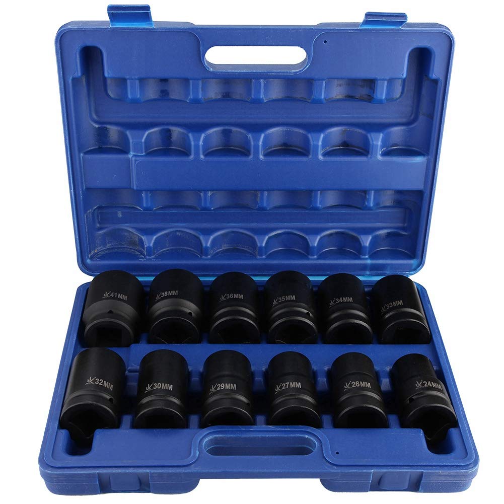 Juego de llaves de vaso de impacto métricas, 12 unidades de 1 pulgada de impacto profundo para garaje taller de 24 a 41 mm