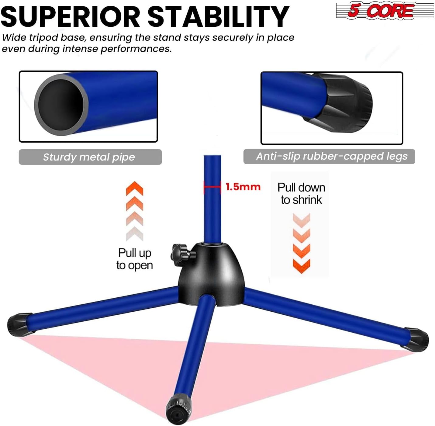 5 Core Mic Stand Floor Pair Universal Height Adjustable 72" Tripod Microphone Stands w Extending Telescoping Boom Arm - MS 080 D-BLU 2PCS