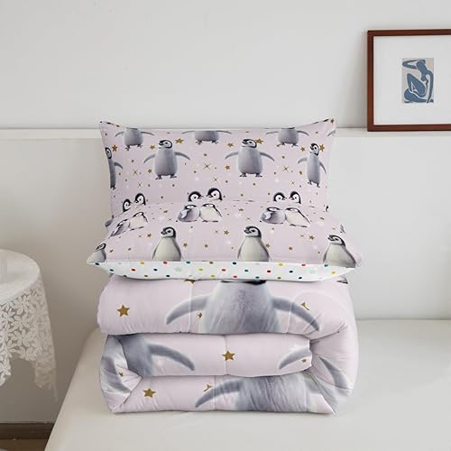 Miniatura 7 de Erosebridal Juego de edredón de pingüinos estrellados, tamaño Queen, lindo juego de ropa de cama de animales polares para niños y niñas, juego de