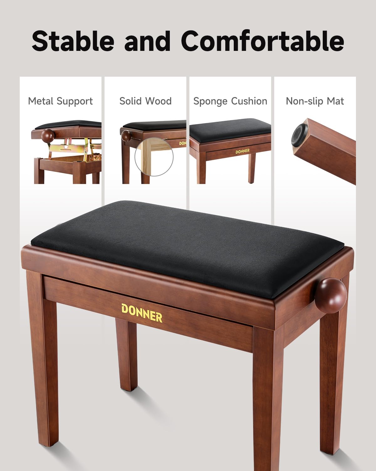 Donner Tabouret de Piano Réglable - Banc de Clavier en Bois Massif avec Coussin en Éponge Haute Densité, Tabouret de Piano en Bois avec Dispositifs de Levage en Métal, Marron Mat