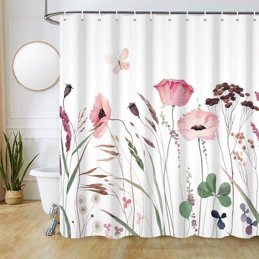 Uiiooazy Cortina de ducha con flores rosas, cortina de ducha verde hojas Zen diseño de plantas, cortina de ducha antimoho, impermeable, tela de poliéster, lavable, cortina de baño con 12 ganchos para