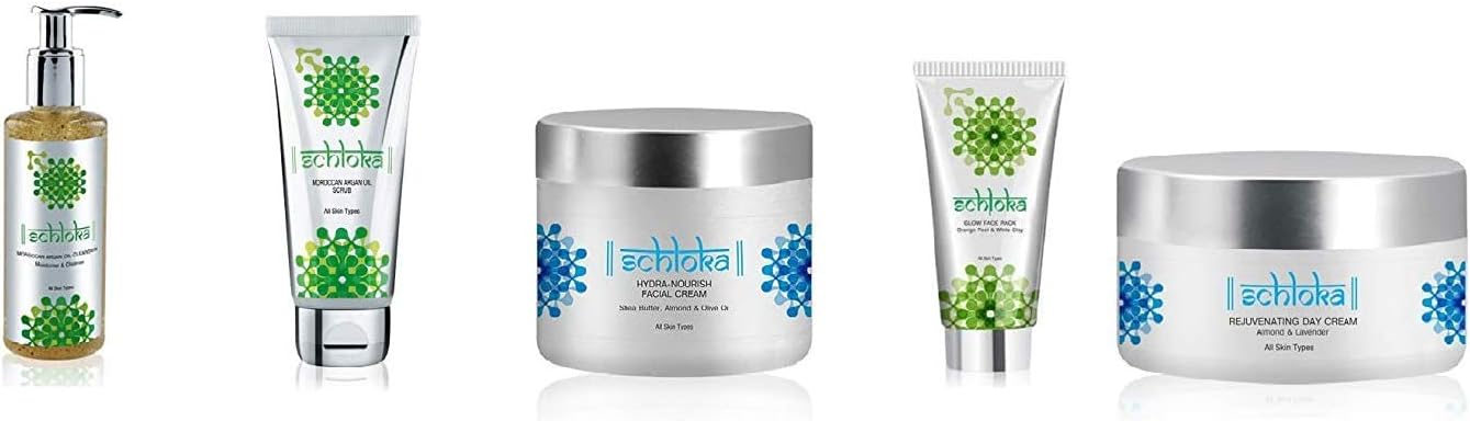 Modicare Schloka Facial for Dry Skin Moroccan Argan Oil Cleanser, Scrub, Hydra-Nourish Facial Cream, Glow Orange Peel and White Clay Face Pack, Rejuvenating Day Cream Set of 5