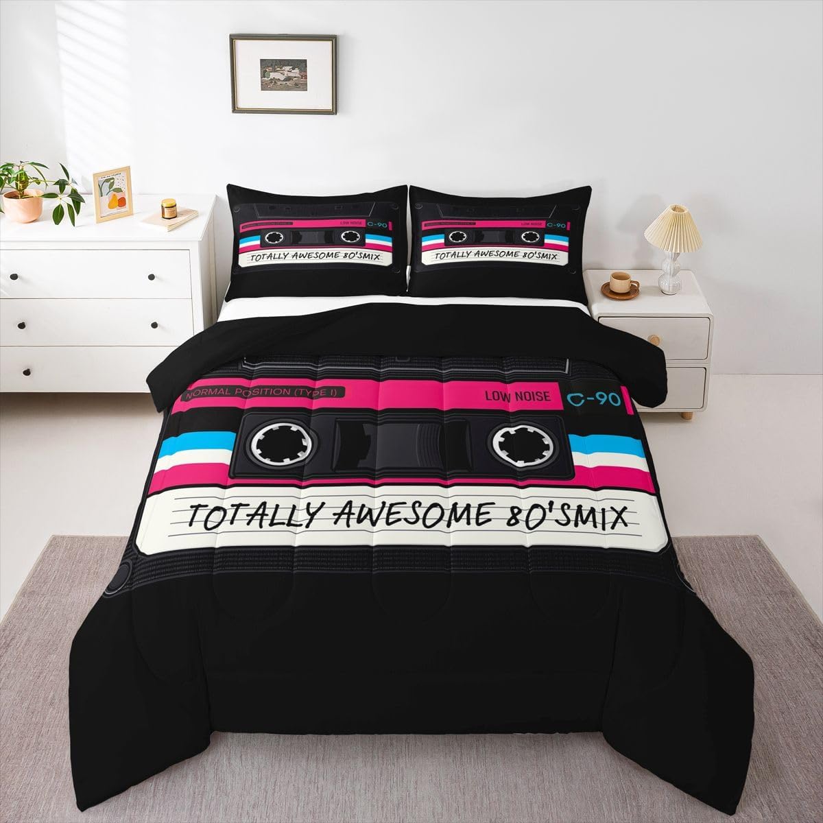Erosebridal 80s Party Comforter Set Queen,Audio Cassette Bedding Set for Kids Children,Vintage Music Theme Duvet Insert,Retro Tape Quilted Comforter Music Art Style Duvet Set,Luxury Home Room Decor