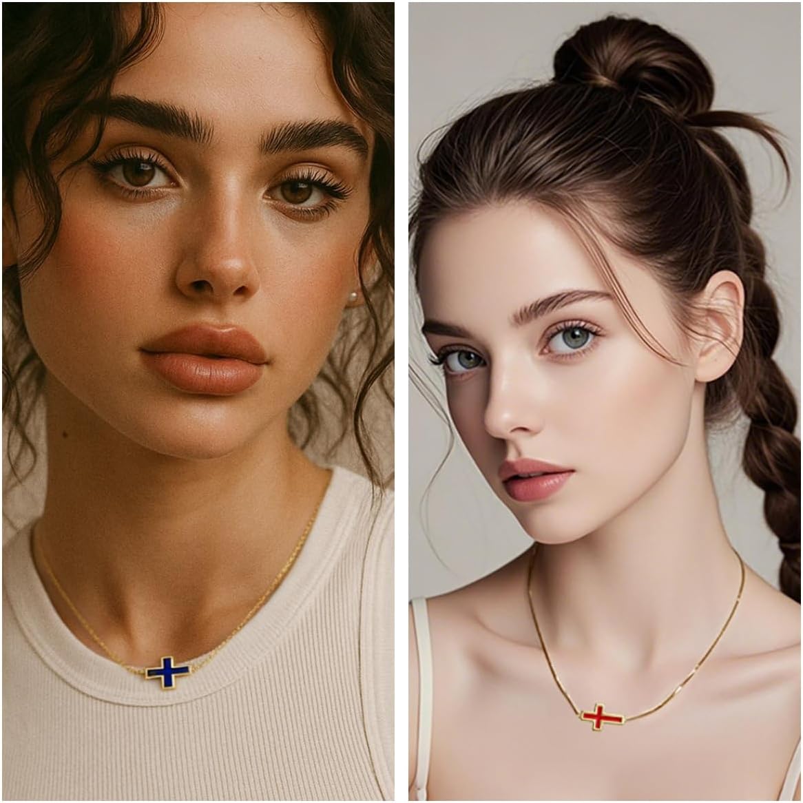 Two pieces Gold Cross Necklace Set, Box Chain, Red and Blue Enamel, 2 Piece Religious Jewelry,for gift box - Image 2