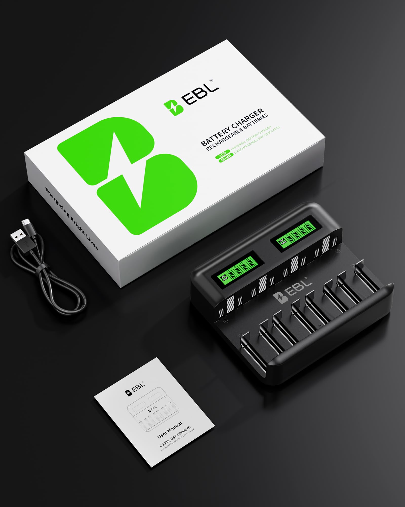 EBL Caricabatterie per batterie AA AAA C D NiMh, ingresso di tipo C, caricabatterie rapido, con display LCD