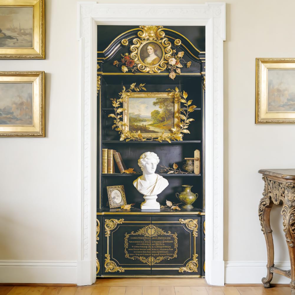 arricraft 2 Pcs Retro Theme Self-Adhesive Door Sticker, 31.5"x78.7" Black Yellow Vintage Bookshelf Antique Decorations Door Murals Stickers PVC Removable Wallpaper Decoration for Bedrooms Living Room