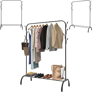 Clothes Rail Heavy Duty Hanging Clothing Rail, 150CM Sturdy Black Metal Clothes Rack with 8 Hooks, Bottom Shoes Shelf, Freestanding Clothing Rack for Coats, Dresses, for Bedroom, Closet, Laundry