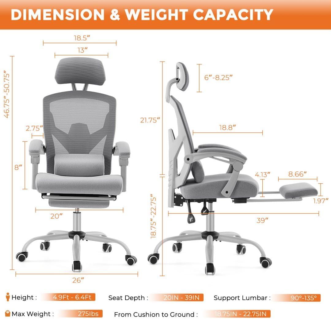 Ergonomic Office Computer Desk Chair with Lumbar Pillow and Retractable Footrest, High-Back Mesh Rolling Swivel Armchairs for Home, Gaming, Student, Gray