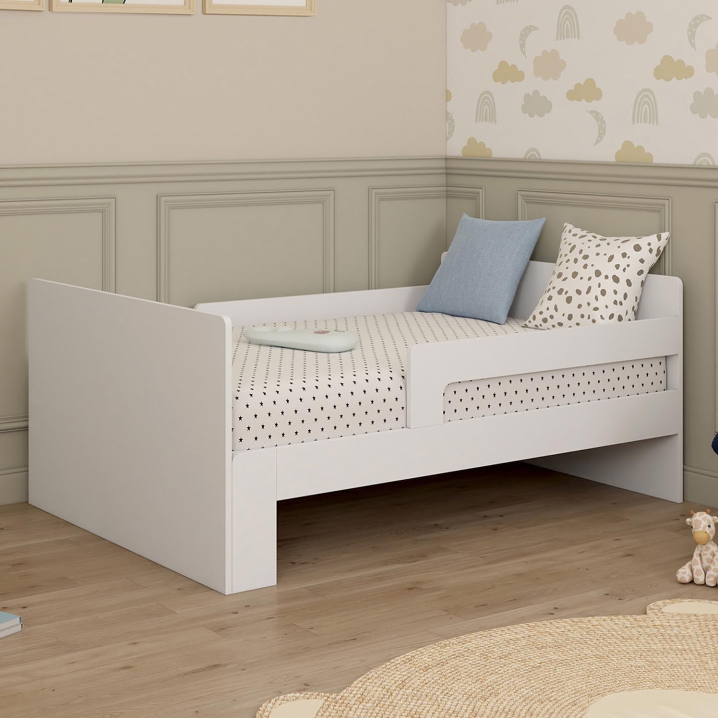IDMarket - Lit Simple évolutif Gaspard 90 x 140/190 cm avec sommier et barrières Bois Blanc