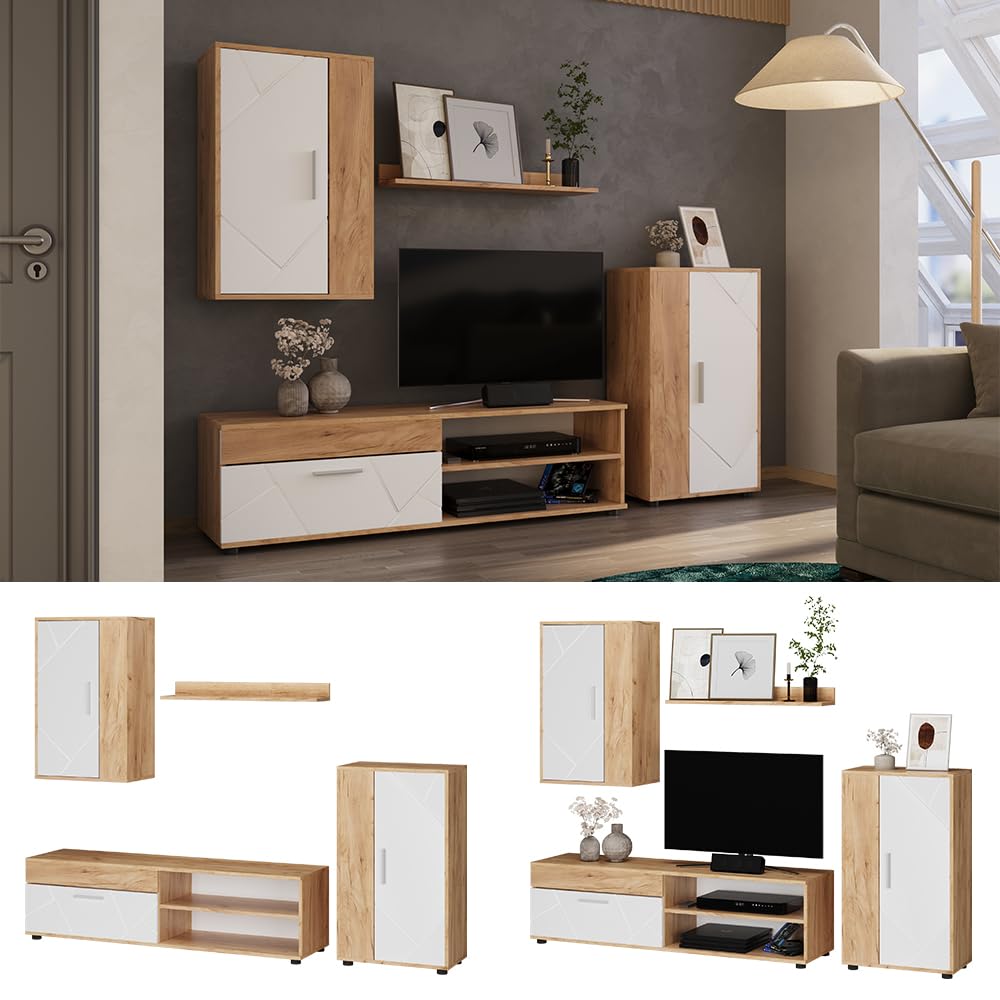 Vicco Meuble Mural Berno, Chêne doré/Blanc, Set de 4 pièces, Convient au Rangement des appareils multimédias et des Accessoires