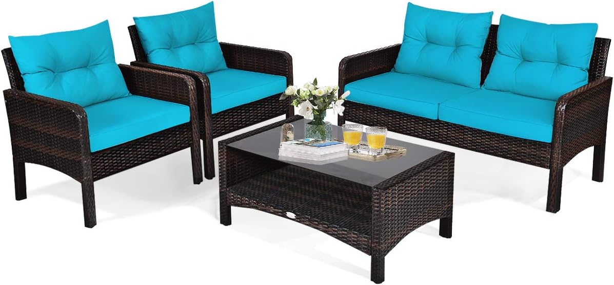 HAPPYGRILL 4-Piece Patio Furniture Set Outdoor Rattan Wicker Conversation Set with Coffee Table, Sectional Sofa Bistro Set with Cushions for Garden Poolside Backyard
