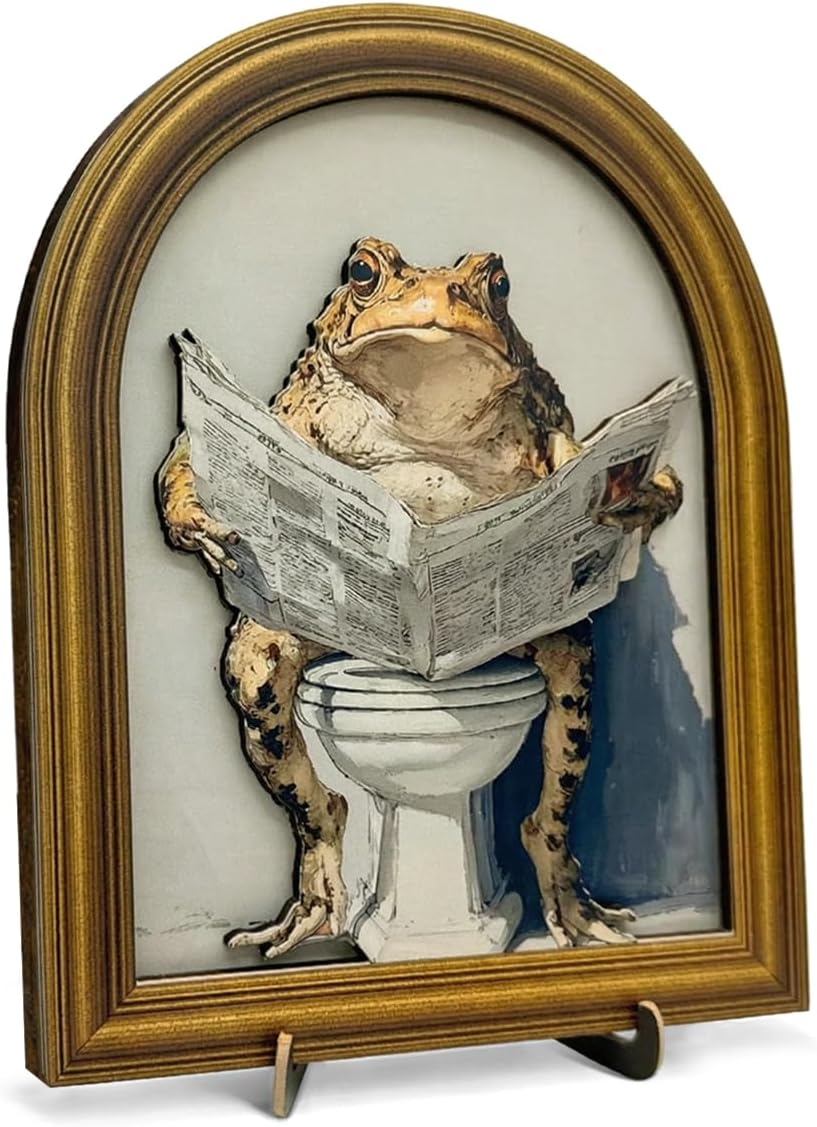 3D Funny Toad on Toilet Bathroom Decor Sign, Vintage Frog Reading Newspaper Bathroom Wall Art Sign for Washroom Restroom Shelf Wall Toilet Tank Decor 8x10 Inch