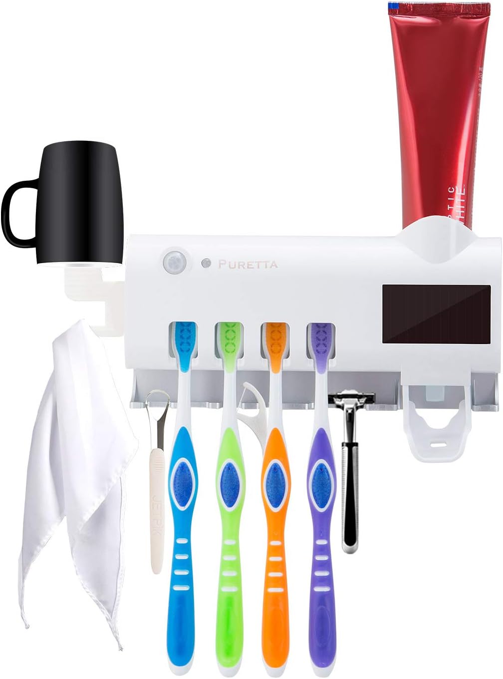 PURETTAToothbrush sanitizer Toothbrush sterilizer and Holder with LED UV Light Sterilization Function,Rechargeable Solar Power,Wireless Design,Wall Mounted Automatic Toothpaste Dispenser (White)