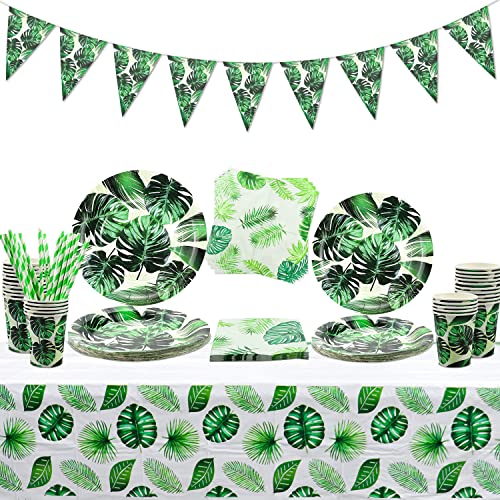 Hegbolke Ensemble de fournitures de fête luan hawaïen en forme de feuille de palmier tropical comprenant des assiettes, serviettes, tasses, nappe Aloha Summer Beach – Pour 20 personnes (Set a - Large)