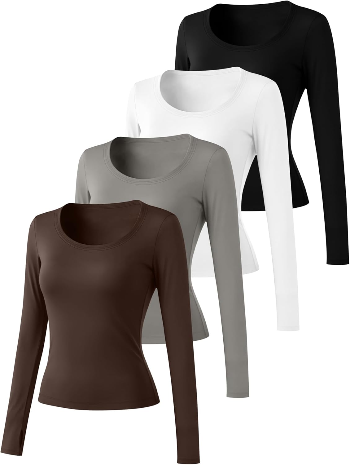 4 Pack Women's Workout Tops Long Sleeve Compression Shirts U Neck Slim Athletic Yoga Basic Shirt with Thumb Holes - Image 3