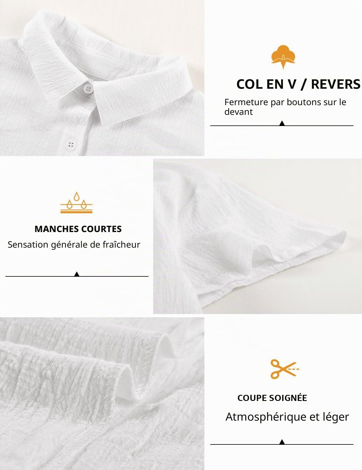 Chemise Femme Haut ÉTÉ pour Femmes Chic et Élégant Coton Lin T-Shirt Manche Courte Col en V Chemisier Tunique Tops avec Boutons D'été Décontractés Ample Couleur Unie Blouse