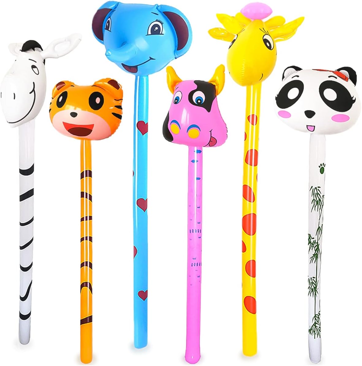 6pcs Inflatables Toys Animals Stick with Sound Jungle Safari Animals Inflatables on a Stick Tiger Zebra Giraffe Elephant Toys Children's Day Birthday Gifts Kids Valentine's Day Class Exchange Gifts