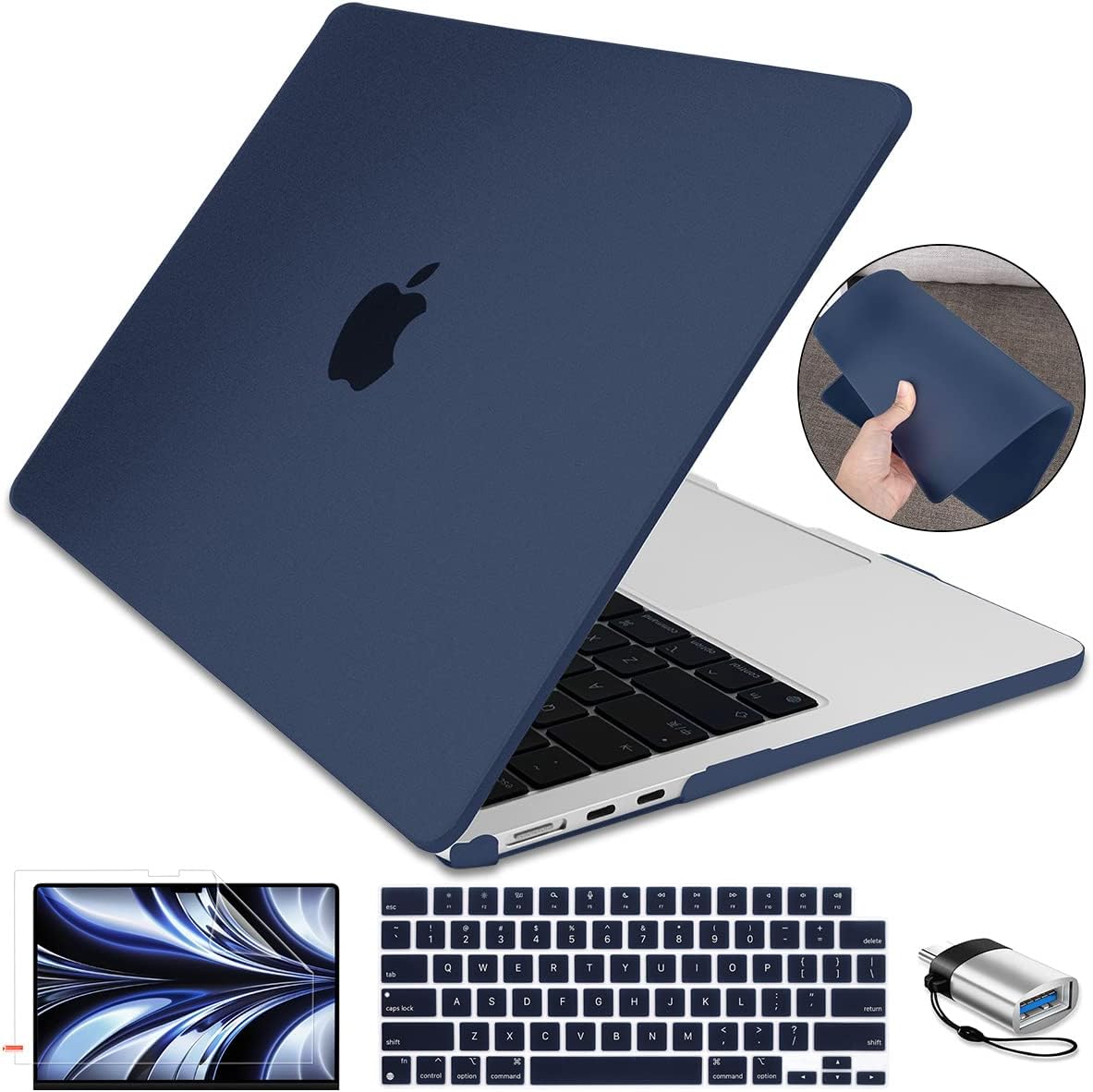 for M3 2024 MacBook Air 13.6 inch Case Model A3113 Cover, Ultra-Thin Matte Anti-Fingerprint Laptop Hard Shell Case Screen Film Keyboard Cover for Mac Air 13.6 M2 A2681 Touch ID, Navy Blue