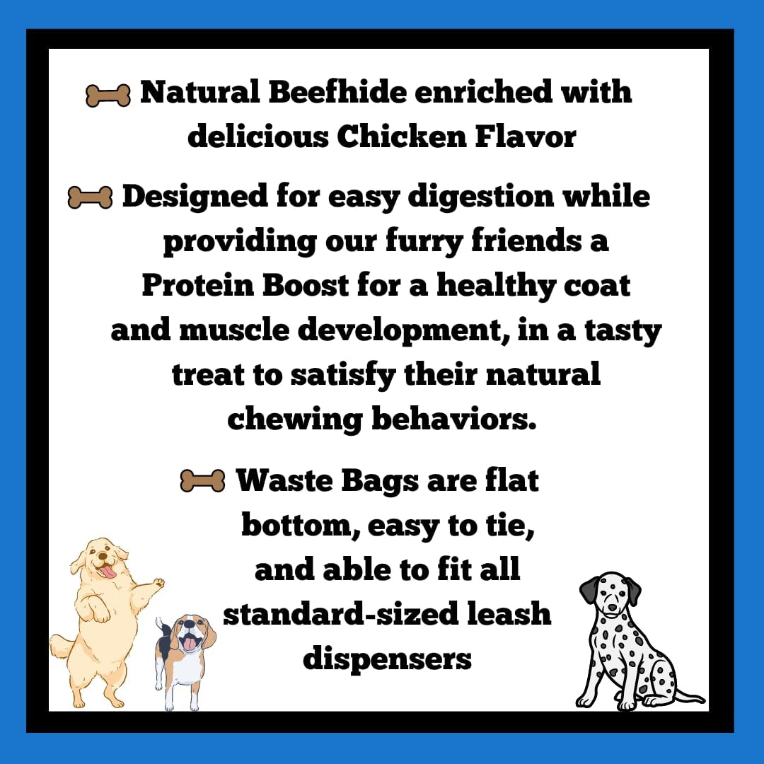 Dog Chews Bundles for All Sized Dogs, Highly Digestable 7 inch Rawhide 80% Protein Rich Braids Bundle with 1 Waste Bag Roll (Chicken, 7.9 oz)