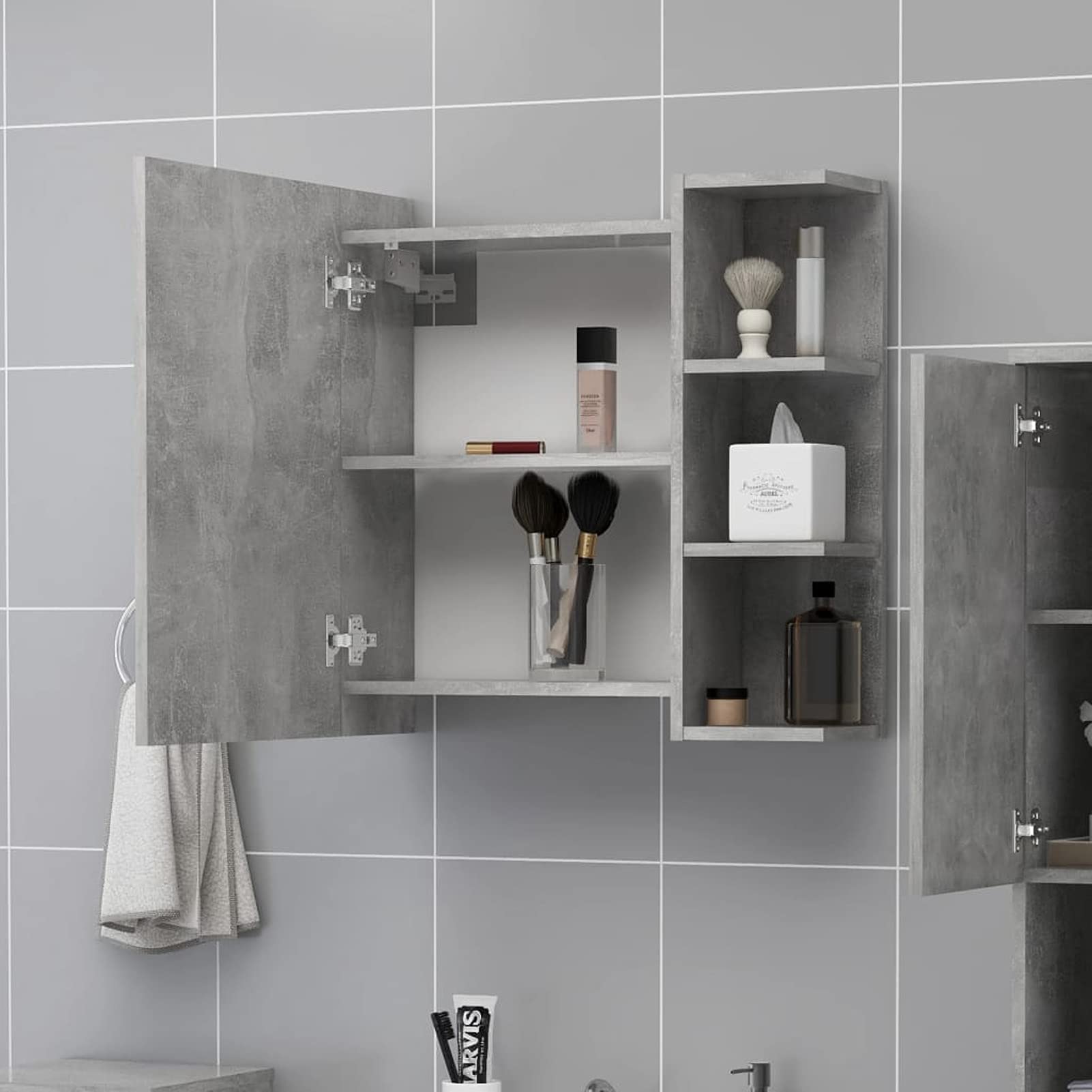 Moderno armario de pared con espejo de baño con estantes de almacenamiento, color gris hormigón, 62,5 x 20,5 x 64 cm