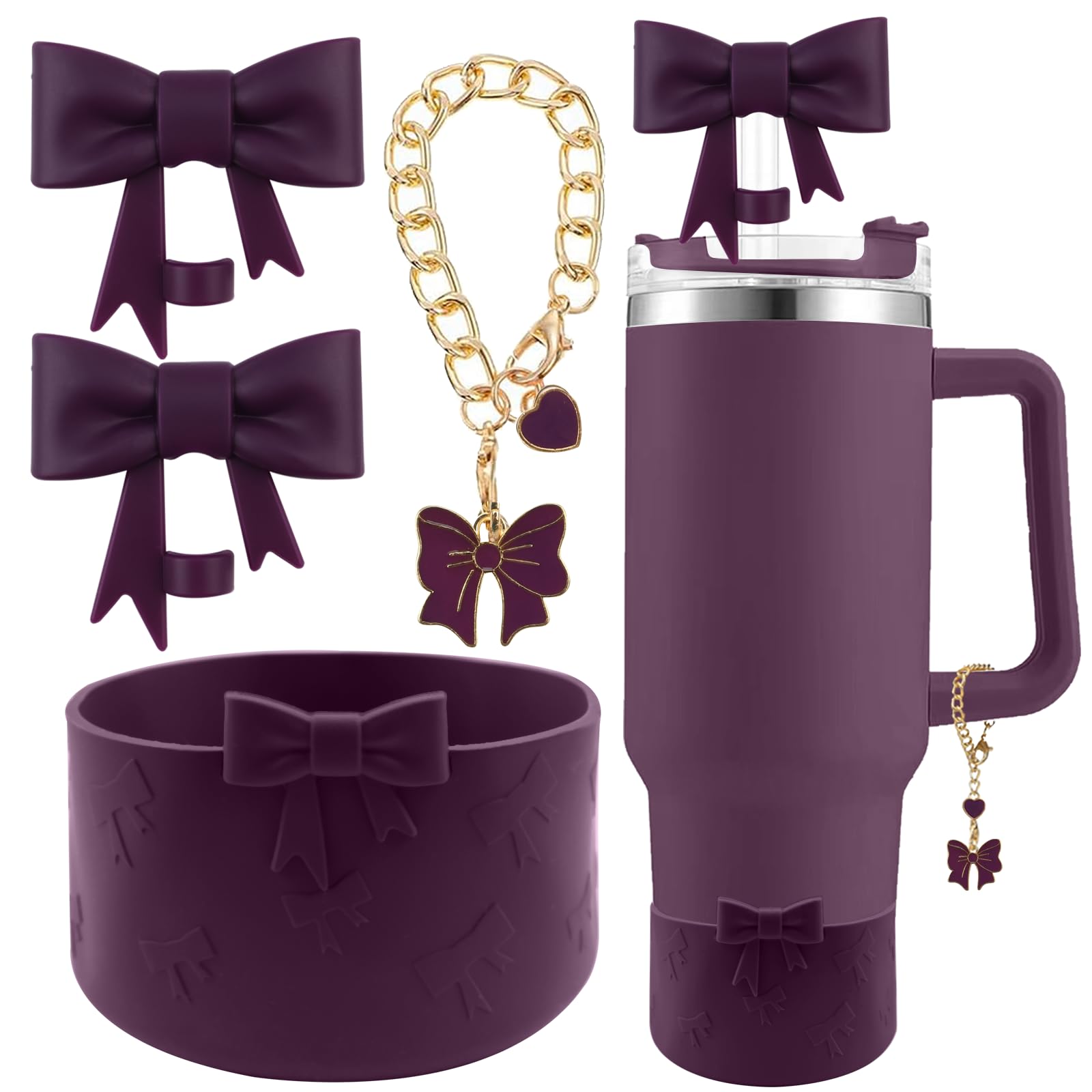 Tassen-Zubehör-Set für Stanley, inklusive 2 niedlichen Schleifen-Strohabdeckkappen, 10 mm, wiederverwendbare Strohhalm-Aufsätze, 1 Silikon-Stiefelhülle und 1 Griff-Anhänger für Stanley-Becher