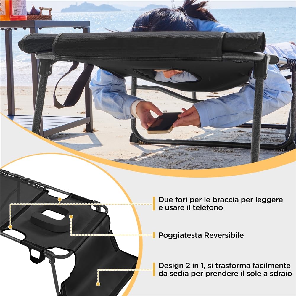 Yaheetech Lettino da Spiaggia Pieghevole Materasso Spesso 5 Regolazioni Tasca Laterale Giardino Campeggio Portata 136 kg 189 5 x 67 x 35 cm Nero