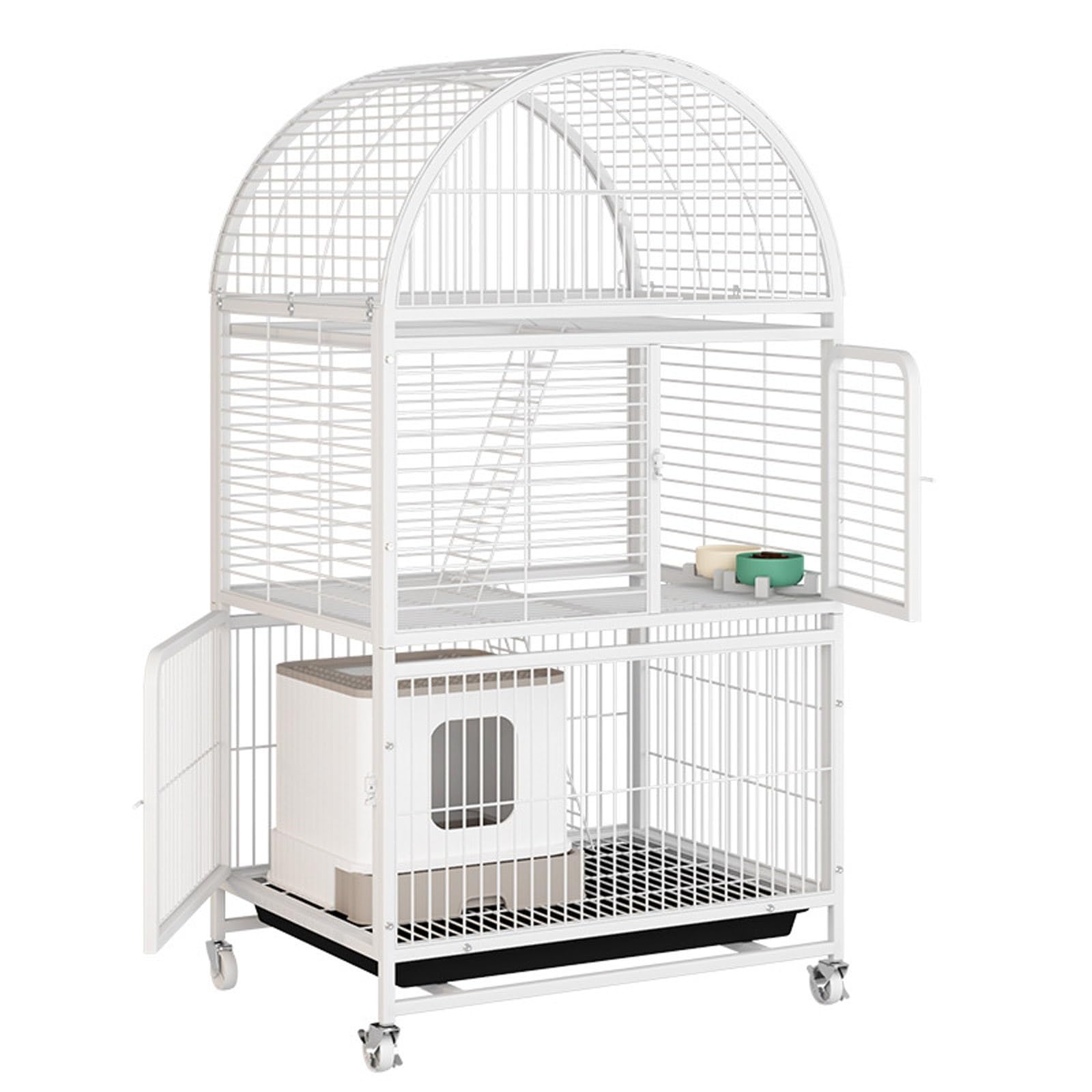 Recinto para gatos con caja de arena y estructura de metal con ruedas