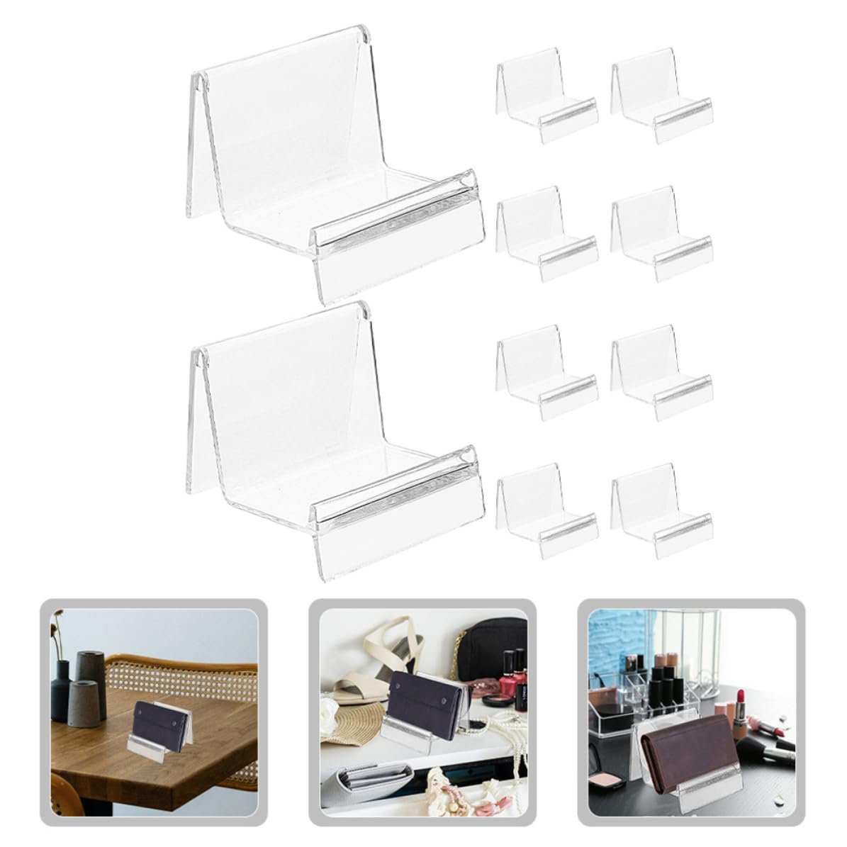 Genérico Soporte Organizador de Billeteras y Bolsos Transparente, Expositor de Plástico Ps 20 Unidades 7 CM, Estante de Sobremesa para Uso en Oficina y Comercio