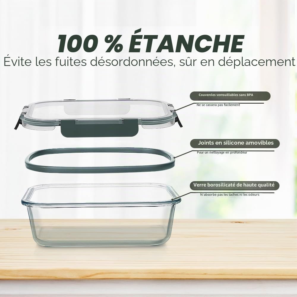 VERONES 12 pièces alimentaires en verre hermétiques avec couvercles, sans BPA, passent au micro-ondes, four, congélateur et lave-vaisselle, gris