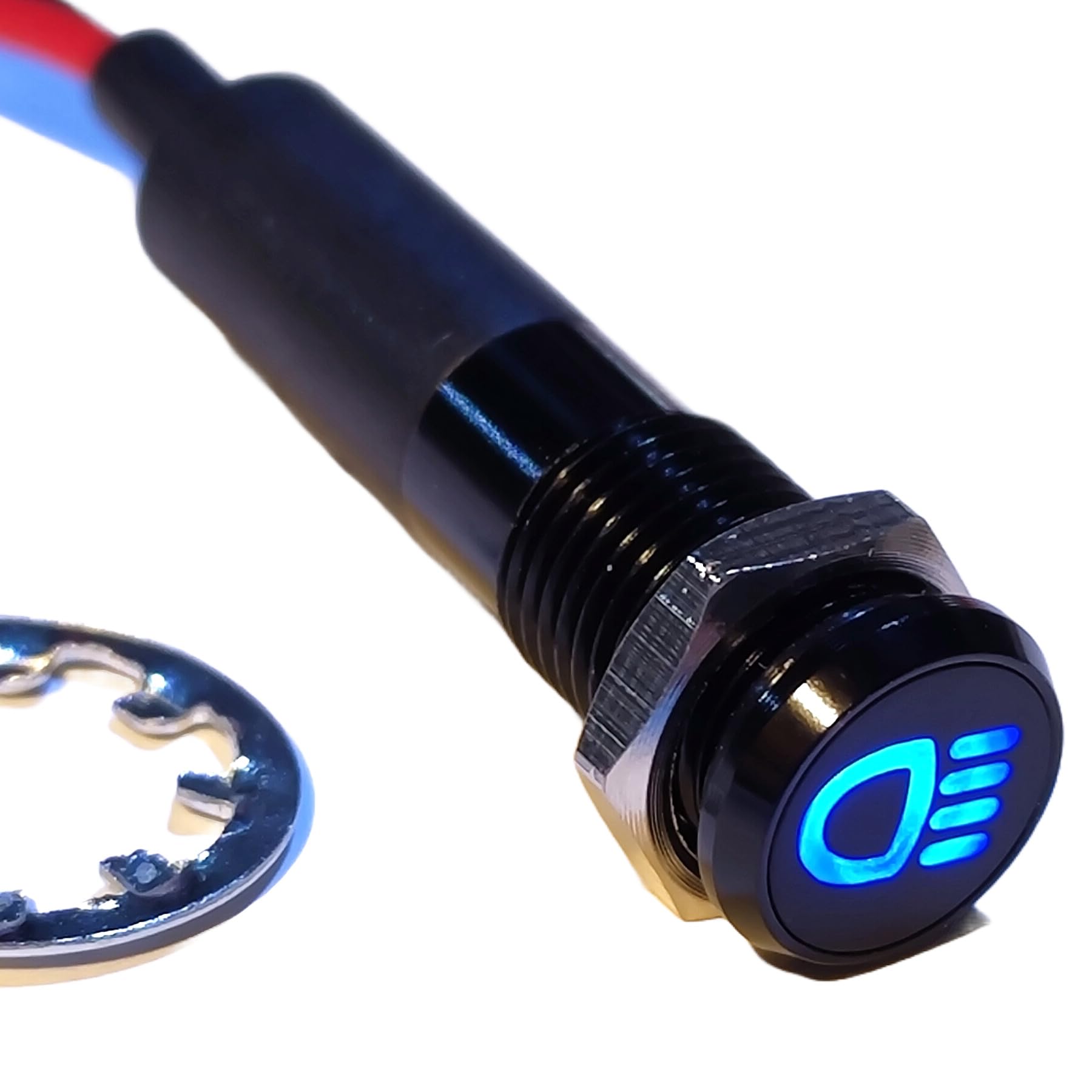 Spia luminosa LED 8mm con simbolo abbaglianti 12V nera BLU quadro per auto, moto e nautica