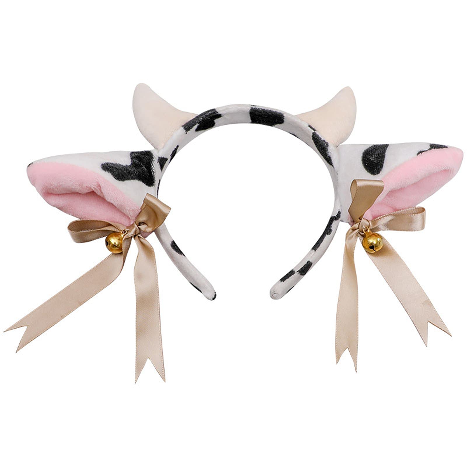 Cow Ears and Horns Headband Bow Ribbon Bells Headwear Elastic Hair Hoop (1pcs, Cow)