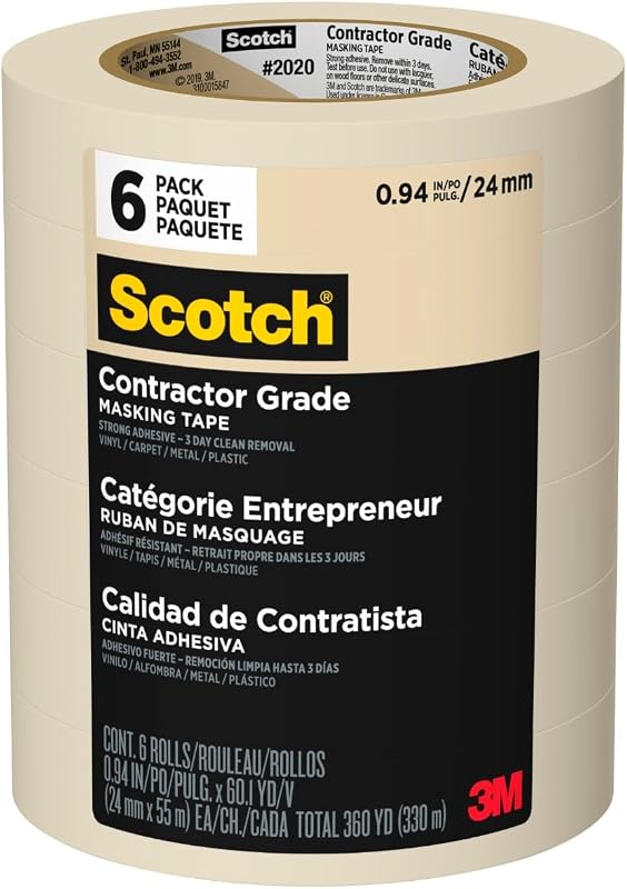 Contractor Grade Masking Tape 1 Inch Wide, 6 Rolls | 0.94 in x 60.10 yd, Tan Masking Tape, General Purpose, Removes Cleanly, Contractor Grade Masking Tape