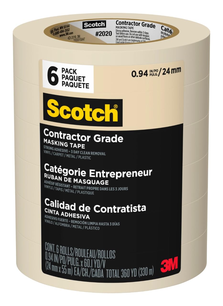 ScotchContractor Grade Masking Tape, 1 Inch Wide (0.94 in. x 60.1 Yds) 6 Rolls, 3-Day Interior Clean Removal, Removes Easily Without Leaving Sticky Residue, Interior & Exterior Use (2020-24EP6)