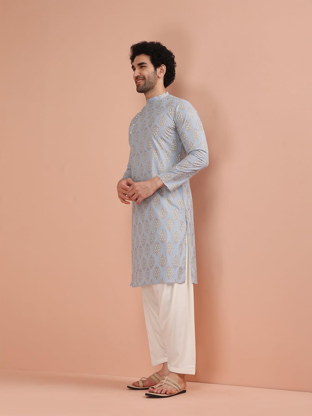 KISAH Mens Kurta – Printed Cotton Blend Tunic with Mandarin Collar, Regular Fit – Indian Wedding Outfit for Men – Festive Wear for Diwali, Eid & Celebrations Blue - Image 3
