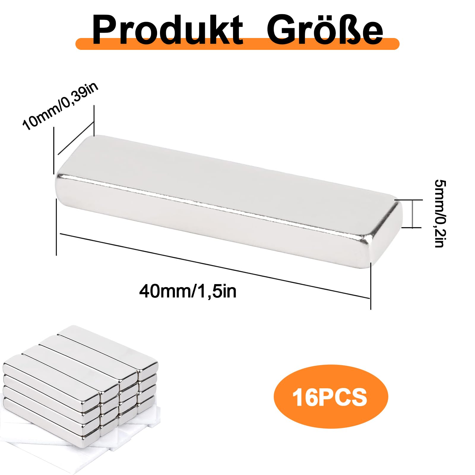 Magneti Potenti, Confezione da 16 Al Neodimio, Magneti Rettangolari 40x10x5mm, per Frigorifero, Lavagna Magnetica, Mobile da Cucina