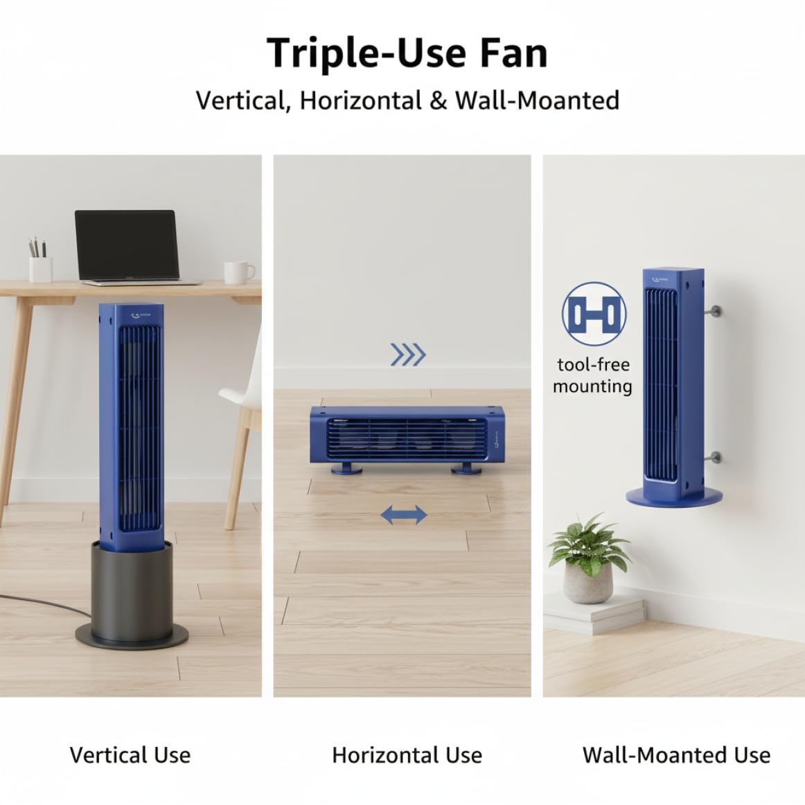 Ventilador de Torre con Control Remoto, Ventilador de refrigeración portátil oscilante de 60° para Dormitorio, Torre silenciosa con batería de 4000 Mah y Soporte de Pared 3 en 1, Abs Azul