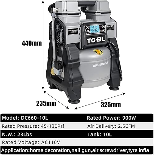 Vista 18 de TC·BL Compresor de aire portátil 110V, compresor de aire ultra silencioso sin aceite y bomba de aire pequeña ligera